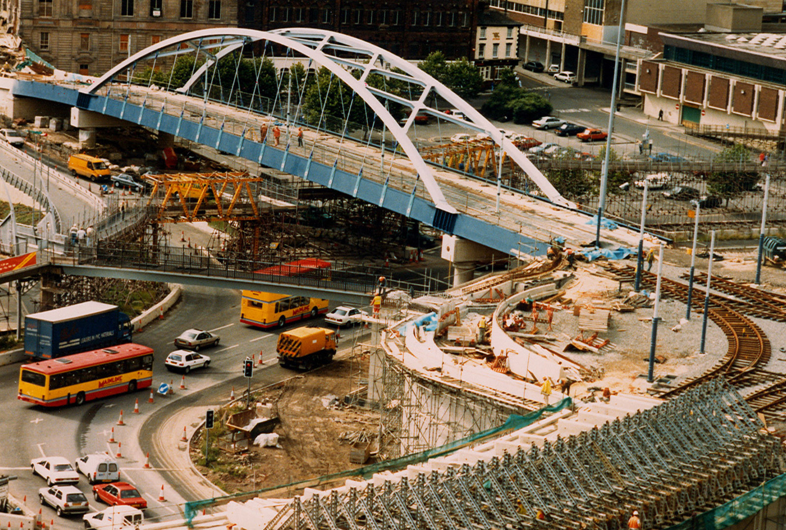 Birds eye view of tram tracks under construction in Sheffield